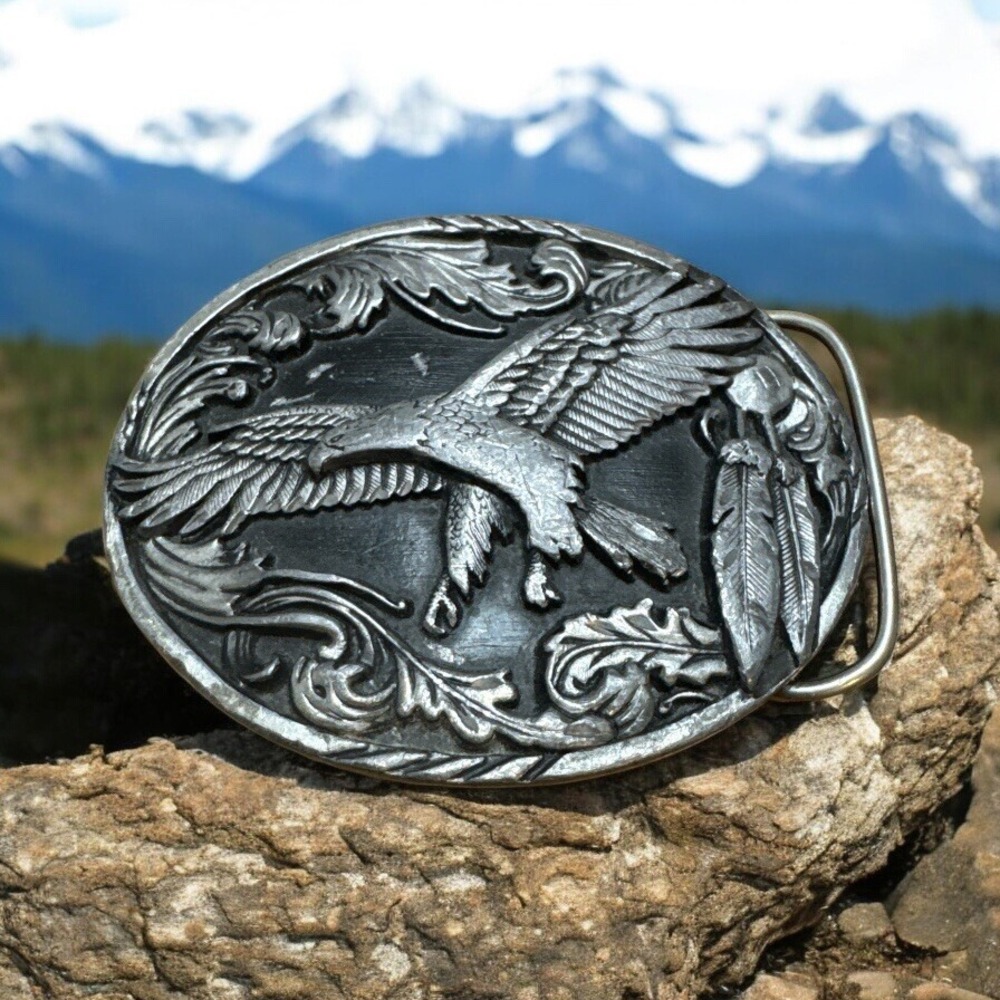1995 Siskiyou Belt Buckle Pewter Eagle Silver Black Cowboy Western - Vintage Usa